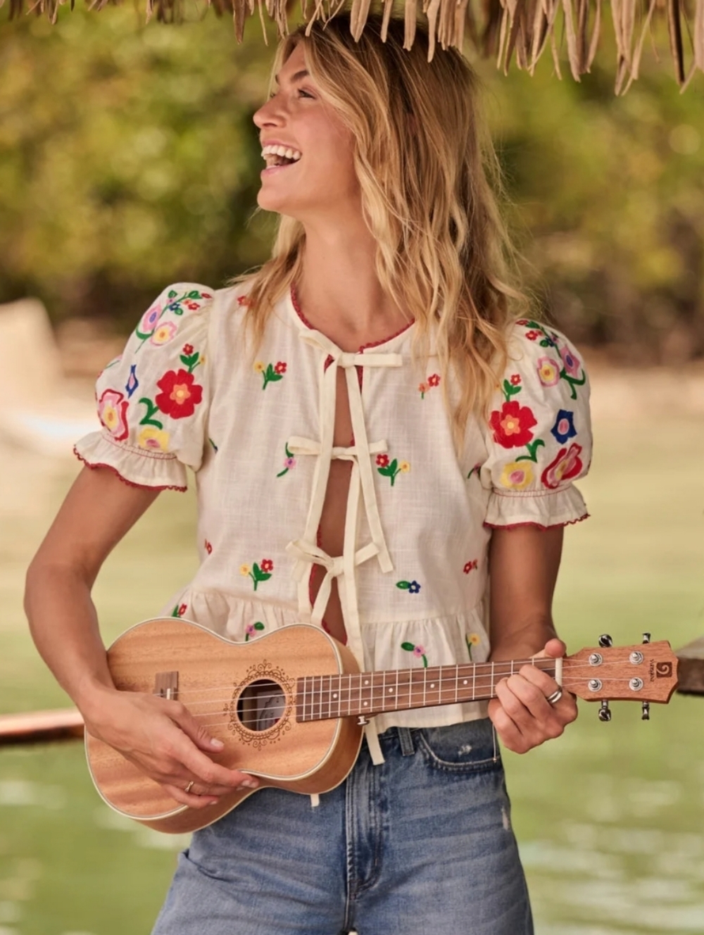 Lalavon Front Tie Embroidered Blouse